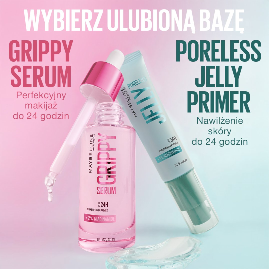 Bazy pod makijaż Maybelline NY Grippy Primer i Poreless Jelly – infografika 