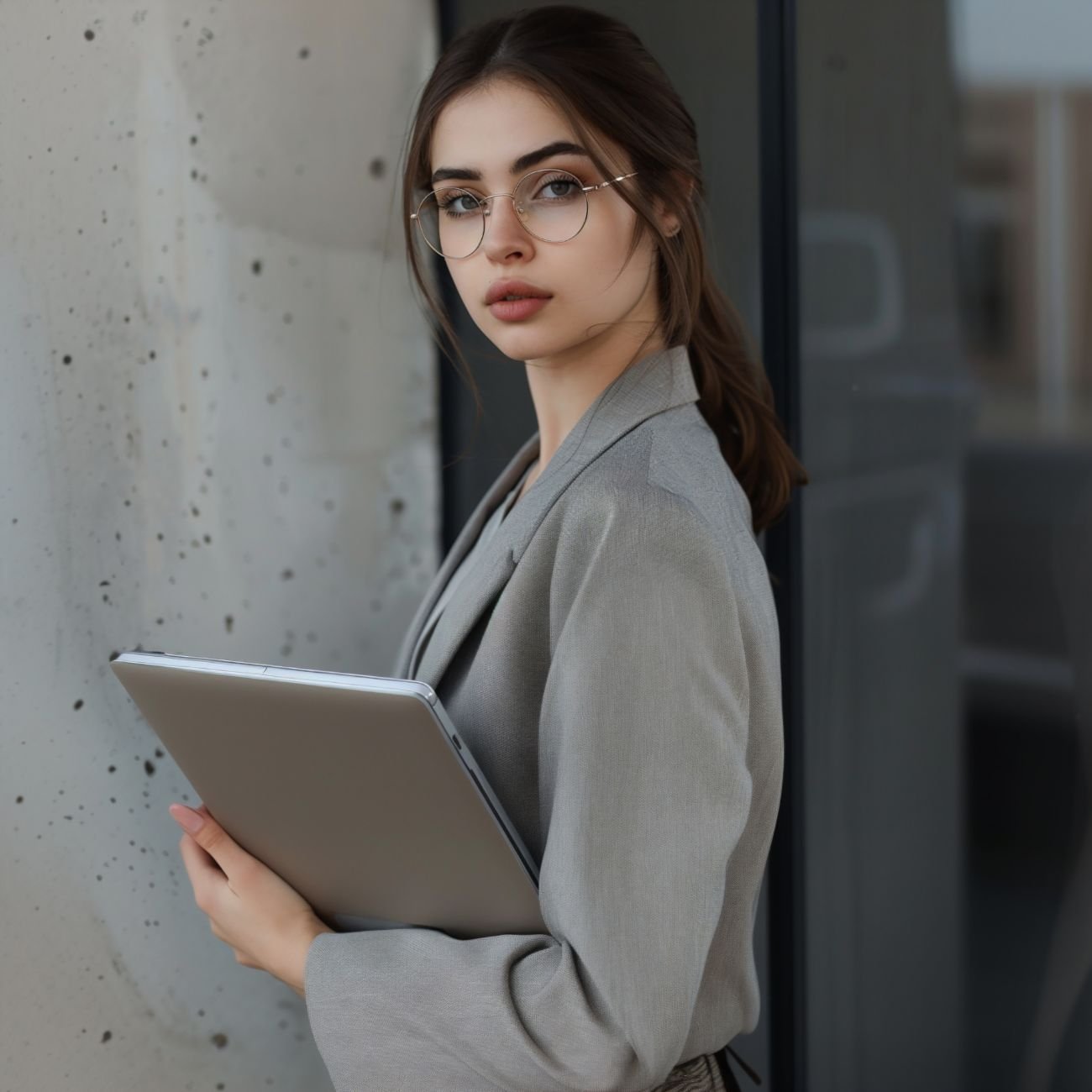 Młoda kobieta w okularach i szarej marynarce trzyma laptopa, stoi przy szklanej ścianie biurowca