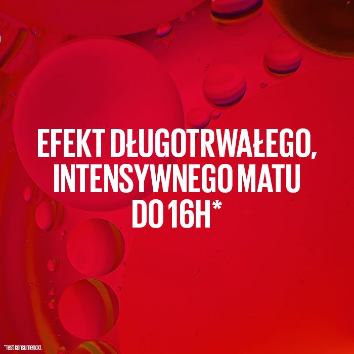 Grafika na czerwonym tle z napisem Efekt długotrwałego, intensywnego matu do 16 godzin