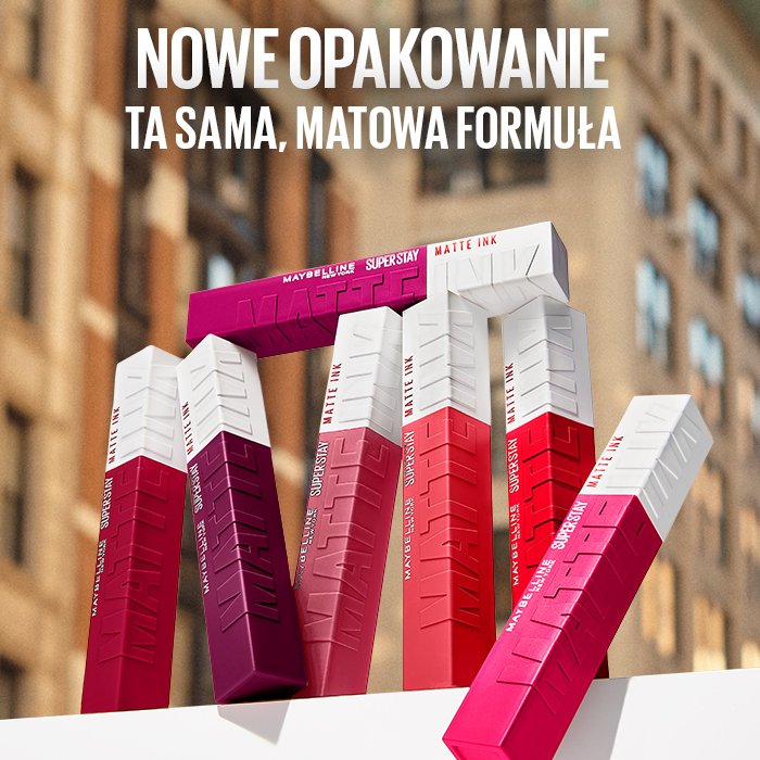 Szminki do ust Super Stay Matte Ink na tle miasta z napisem Nowe opakowanie, ta sama matowa formuła